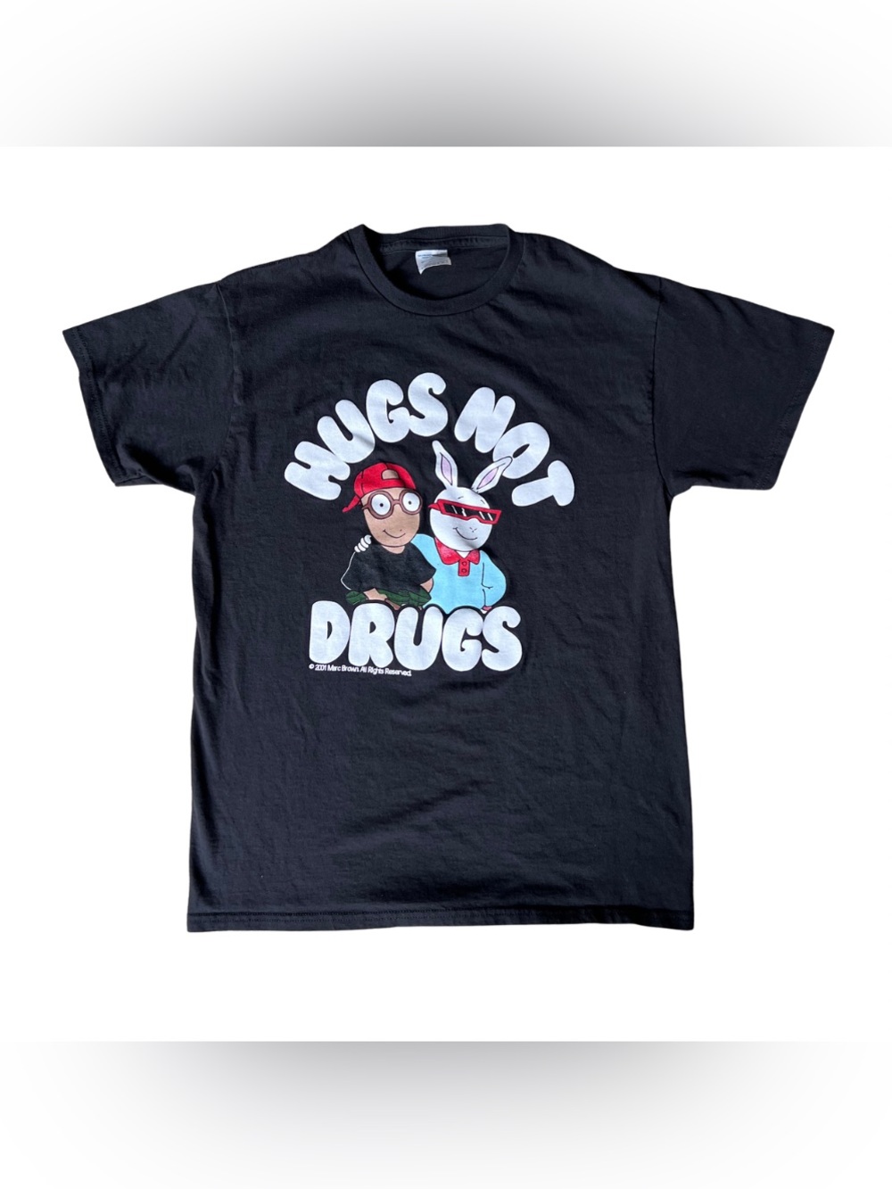 Arthur and Buster Black 'Hugs Not Drugs' Graphic Tee T Shirt Adult Medium M